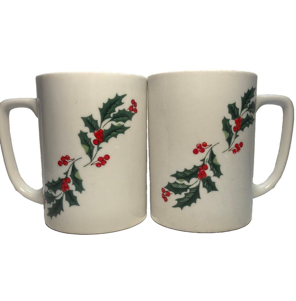 Vintage Holly Mugs Cups Christmas Holiday Coffee Cocoa Cider Porcelain Set 1980s